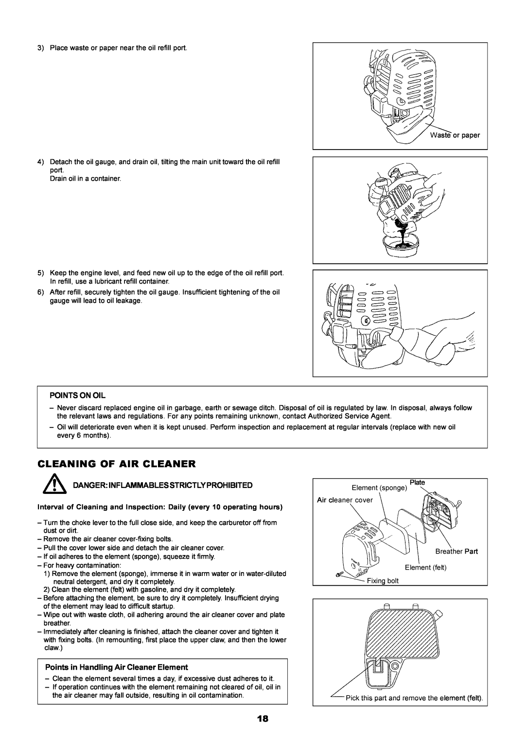 Dolmar MS-251.4, MS-250.4 instruction manual Cleaning Of Air Cleaner, Points On Oil, Dangerinflammablesstrictlyprohibited 