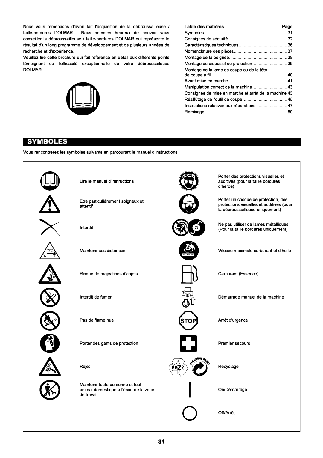 Dolmar MS-250.4, MS-251.4 instruction manual Symboles, Consignes de mise en marche et arrêt de la machine 