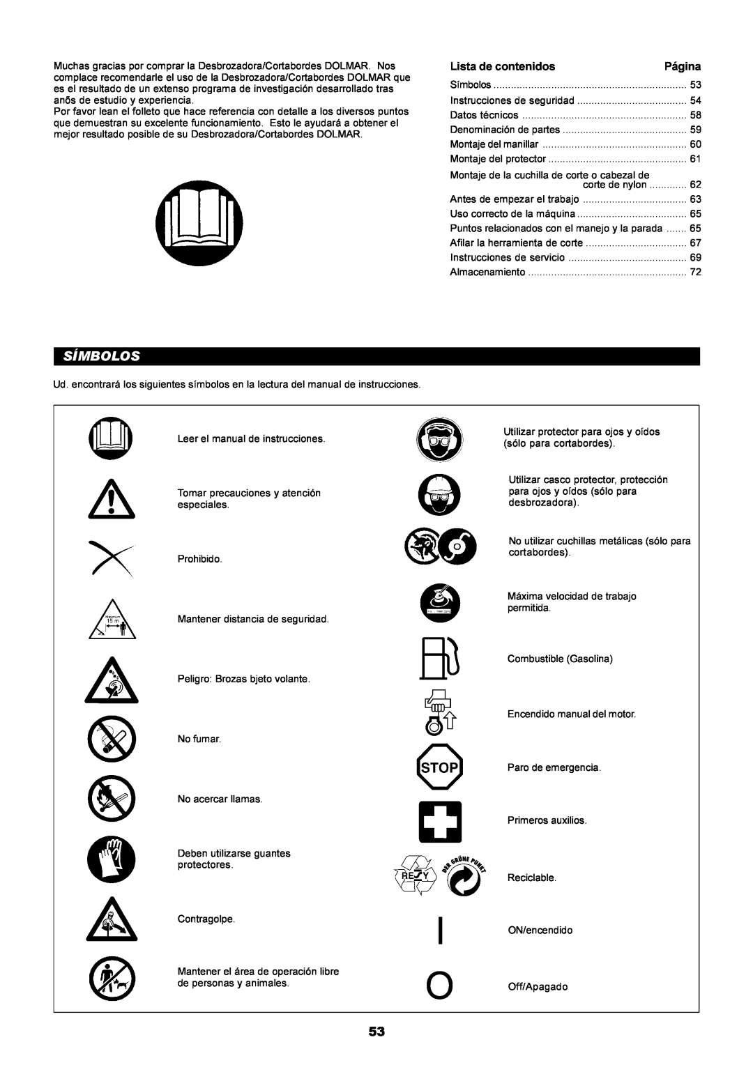 Dolmar MS-250.4, MS-251.4 instruction manual Símbolos, Lista de contenidos, Página 