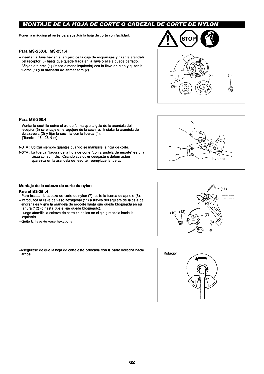 Dolmar instruction manual Montaje De La Hoja De Corte O Cabezal De Corte De Nylon, Para MS-250.4, MS-251.4 