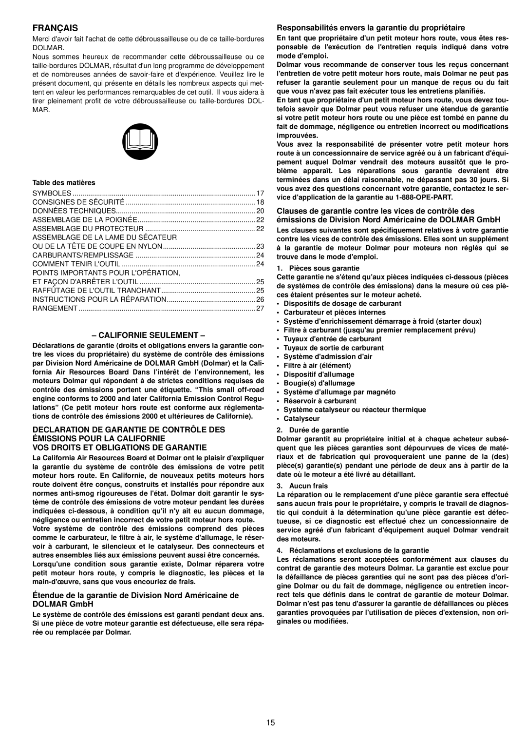 Dolmar MS-261 C, MS-261 U Français, Californie Seulement, Responsabilités envers la garantie du propriétaire, Dolmar 