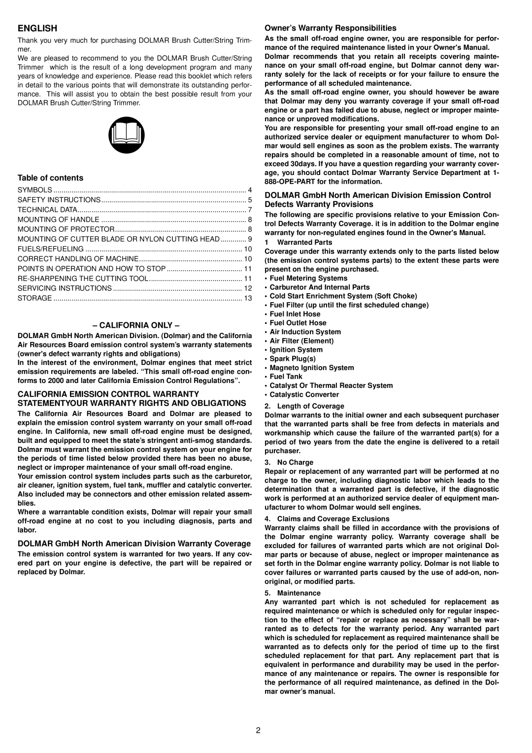 Dolmar MS-331 U English, Table of contents, California only, Dolmar GmbH North American Division Warranty Coverage 