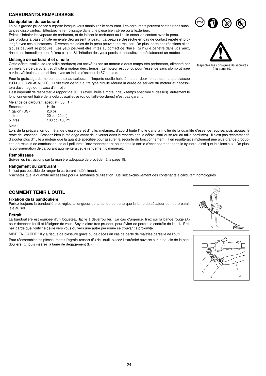 Dolmar MS-231 C, MS-261 C, MS-261 U, MS-331 U, MS-331 C instruction manual Carburants/Remplissage, Comment Tenir Loutil 