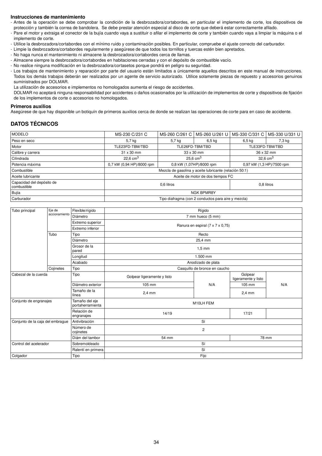 Dolmar MS-231 C, MS-261 C, MS-261 U, MS-331 U, MS-331 C Datos Técnicos, Instrucciones de mantenimiento, Primeros auxilios 