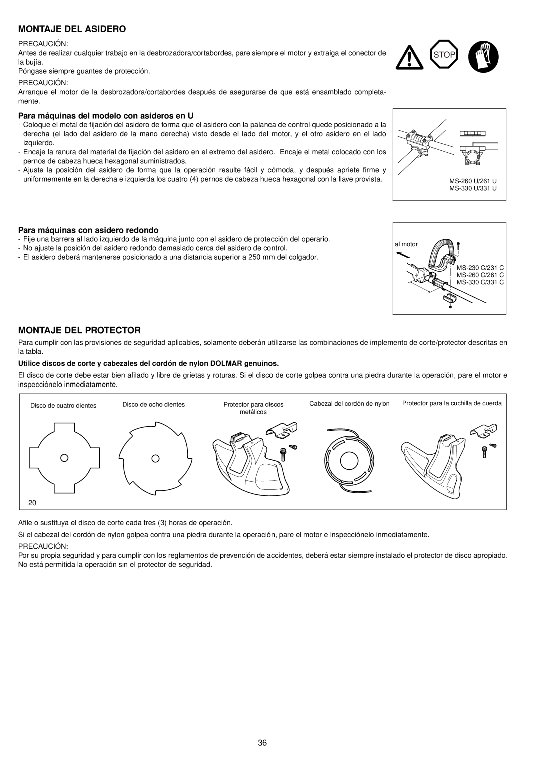 Dolmar MS-261 U Montaje DEL Asidero, Montaje DEL Protector, Para máquinas del modelo con asideros en U, Precaución 