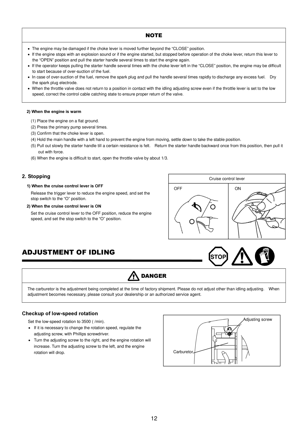 Dolmar PB-250.4 instruction manual Adjustment of Idling, Stopping, Checkup of low-speed rotation 