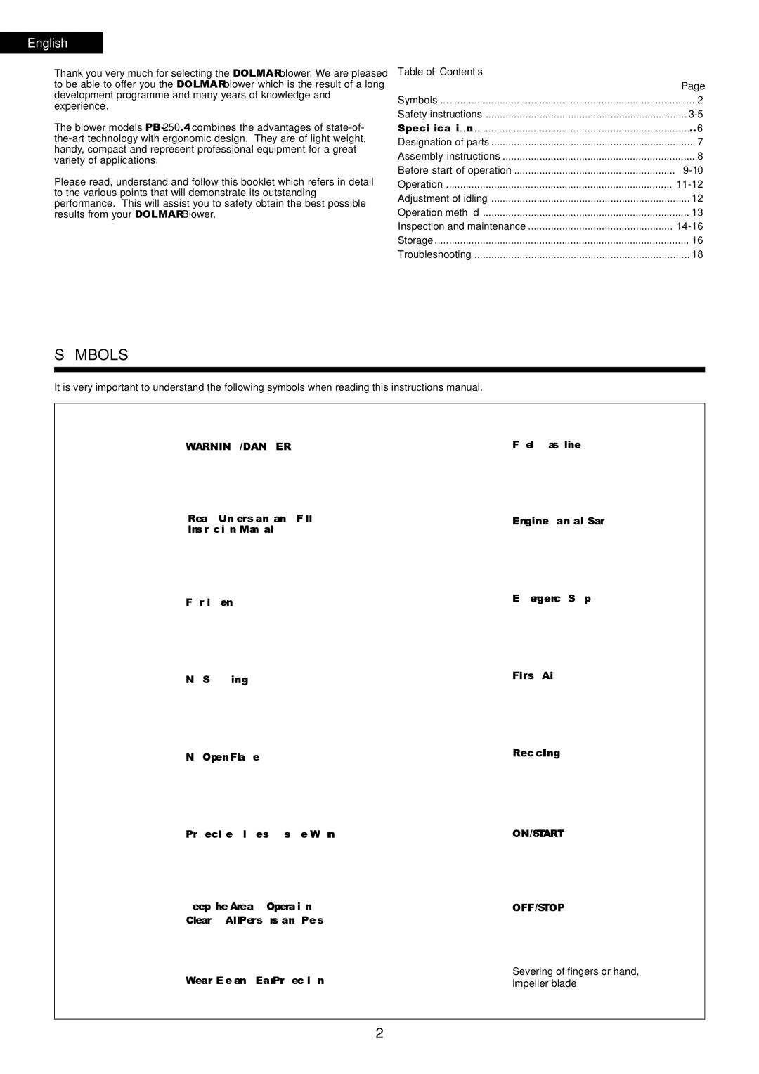 Dolmar PB-250.4 instruction manual English, Table of Contents 