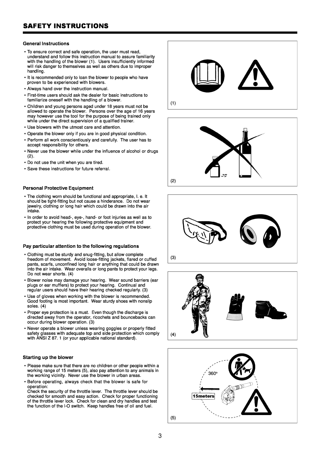 Dolmar PB-250.4 Safety Instructions, General Instructions, Personal Protective Equipment, Starting up the blower, 15meters 