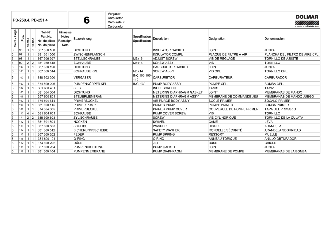 Dolmar PB-251.4 manual Dichtung Insulator Gasket Joint Junta 