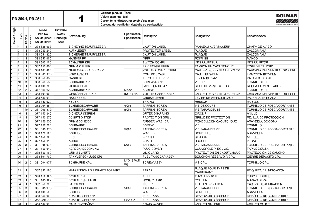 Dolmar PB-251.4 manual Seite / Teil-Nr Hinweise Pos 