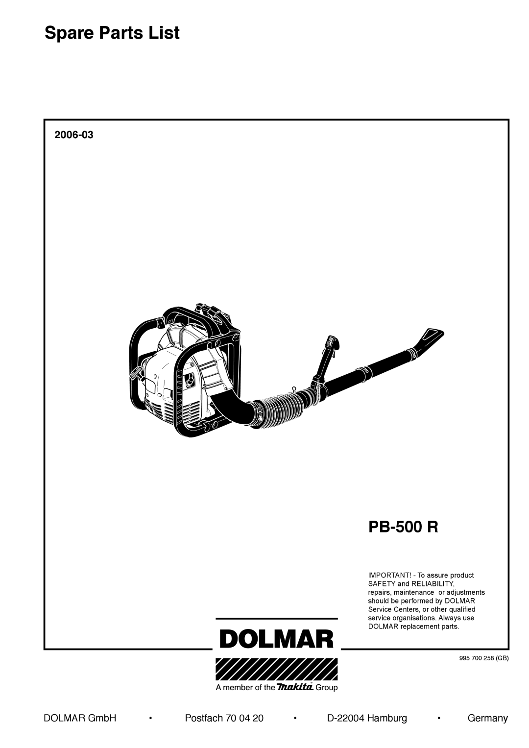 Dolmar PB-500 R manual Spare Parts List 