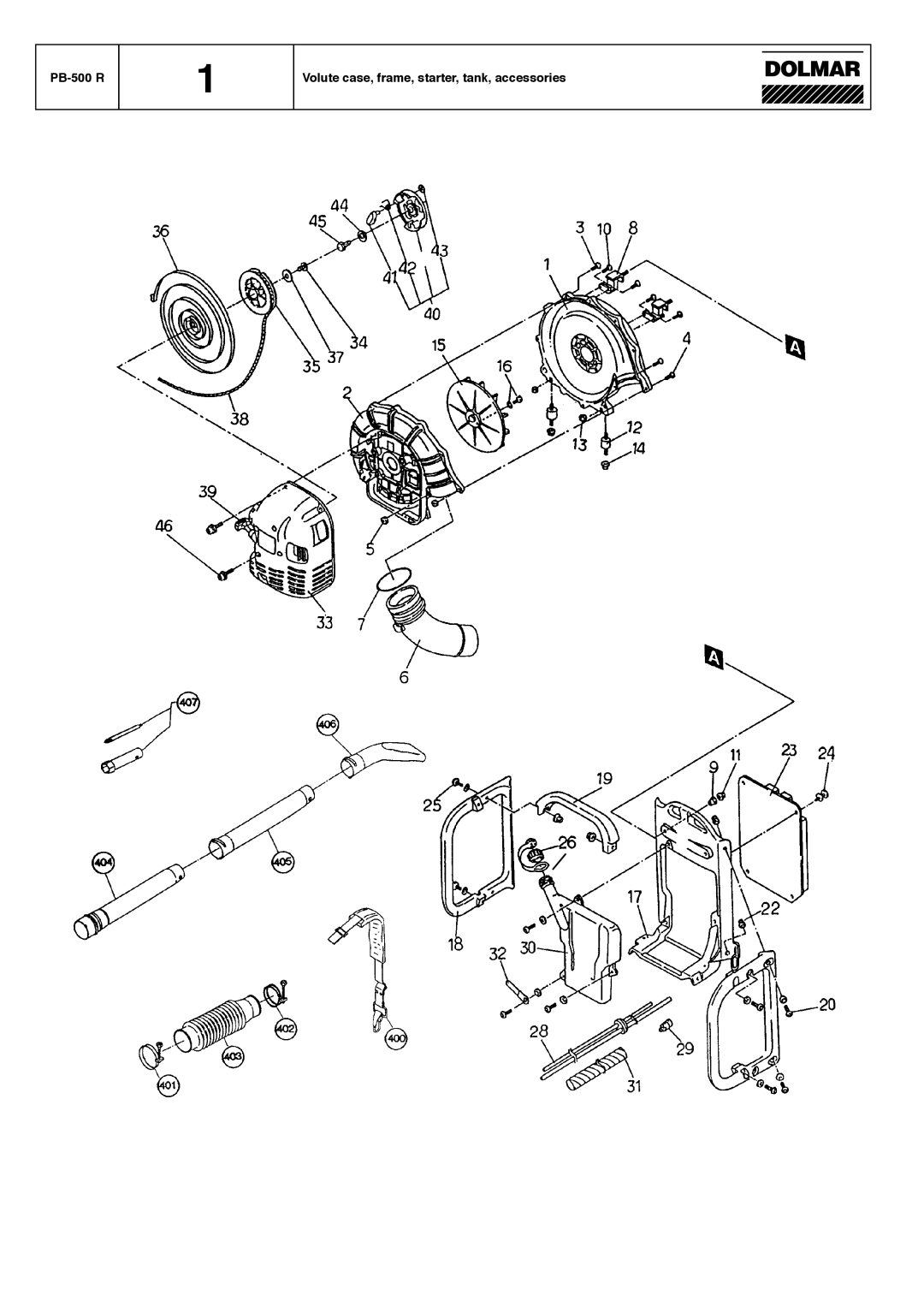 Dolmar manual PB-500 R Volute case, frame, starter, tank, accessories 