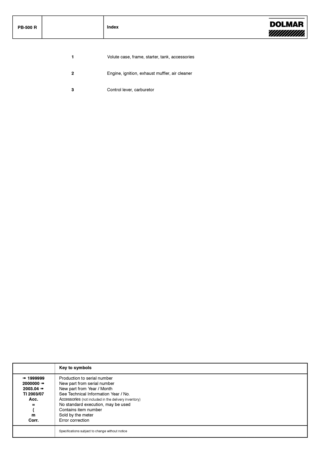 Dolmar manual PB-500 R Index, Key to symbols, Corr 