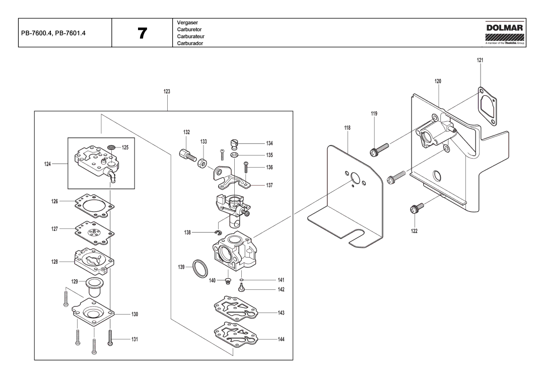 Dolmar PB-7600.4, PB-7601.4 manual Vergaser Carburetor Carburateur Carburador 