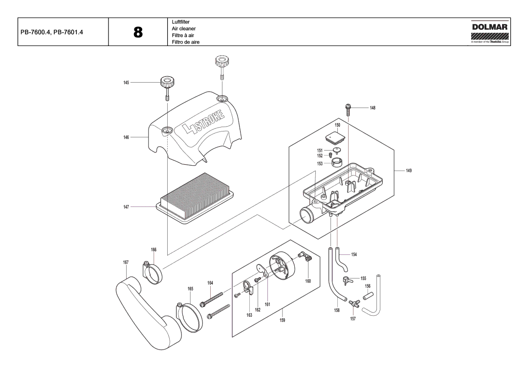 Dolmar PB-7600.4, PB-7601.4 manual Luftfilter Air cleaner Filtre à air Filtro de aire 