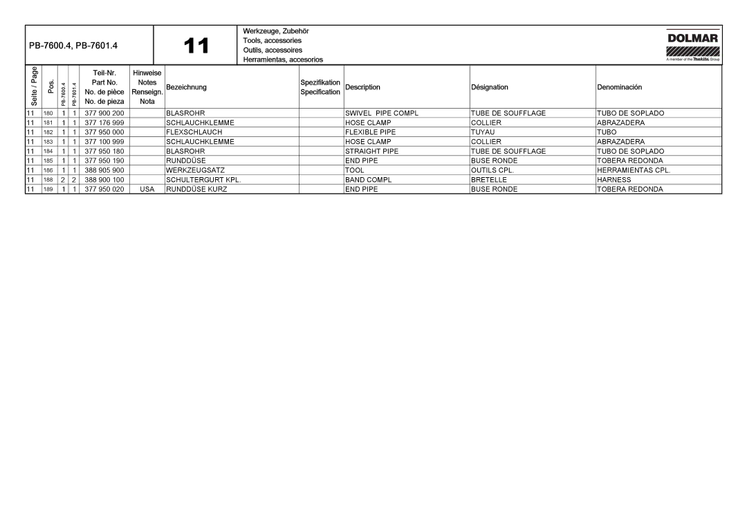 Dolmar PB-7601.4, PB-7600.4 manual Blasrohr Swivel Pipe Compl Tube DE Soufflage Tubo DE Soplado 