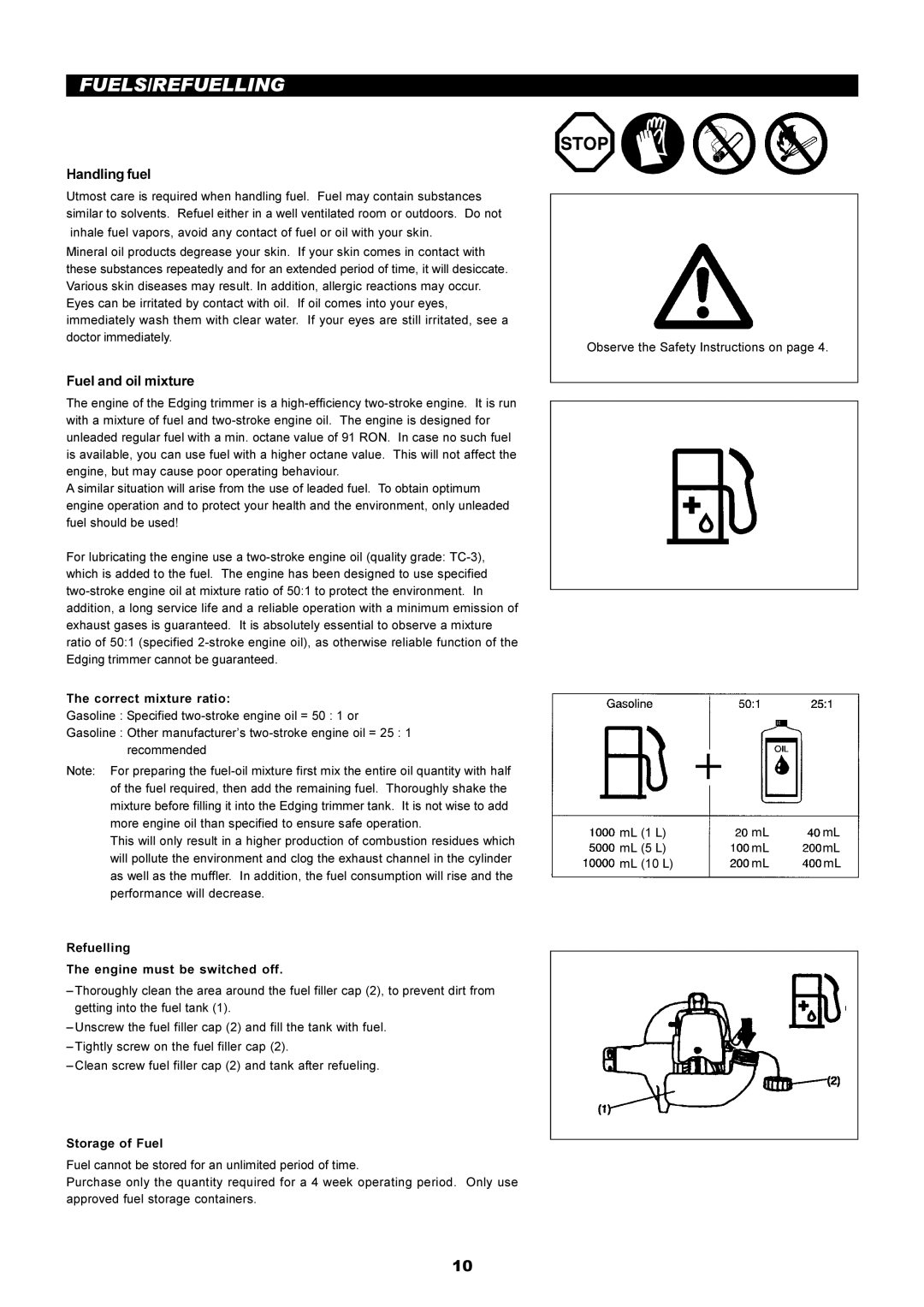 Dolmar PE-251 instruction manual Fuels/Refuelling, Handling fuel, Fuel and oil mixture 