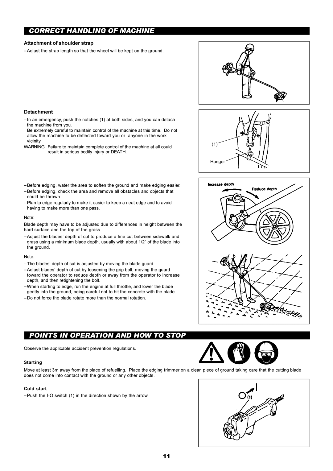 Dolmar PE-251 Correct Handling of Machine, Points in Operation and HOW to Stop, Attachment of shoulder strap, Detachment 