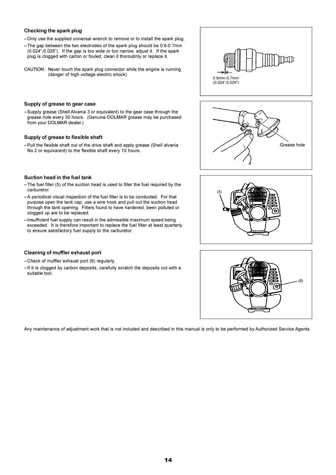 Dolmar PE-251 instruction manual Checking the spark plug, Supply of grease to gear case, Supply of grease to flexible shaft 