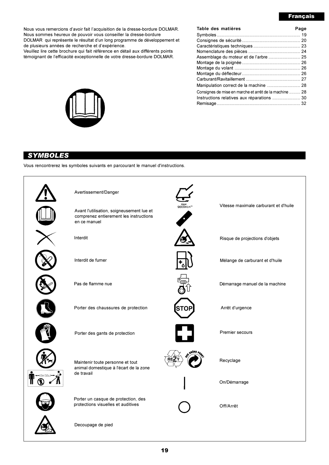 Dolmar PE-251 instruction manual Symboles, Français 