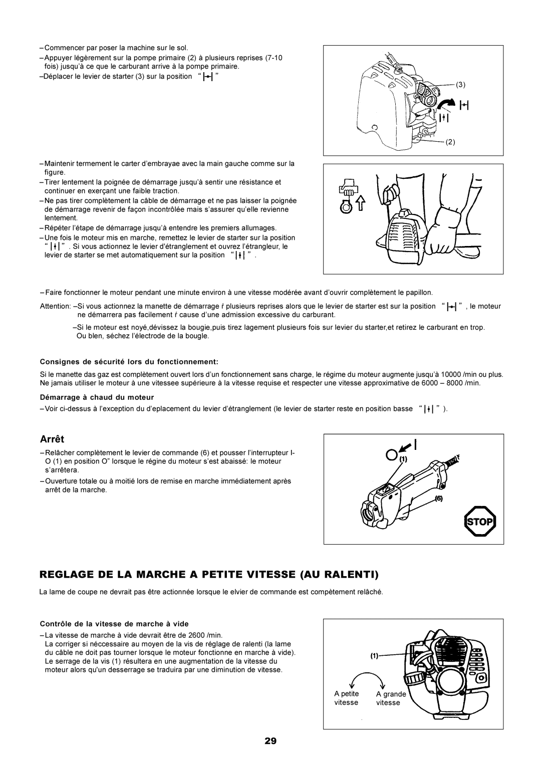 Dolmar PE-251 instruction manual Arrêt, Reglage DE LA Marche a Petite Vitesse AU Ralenti 