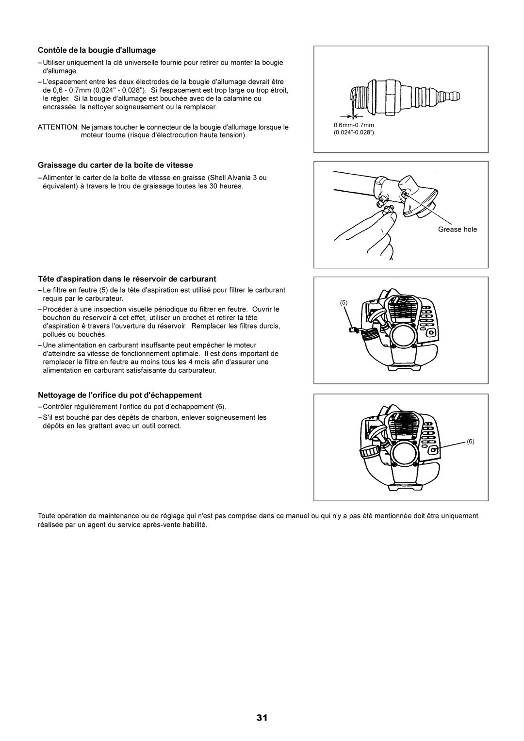 Dolmar PE-251 instruction manual Contôle de la bougie dallumage, Graissage du carter de la boîte de vitesse 