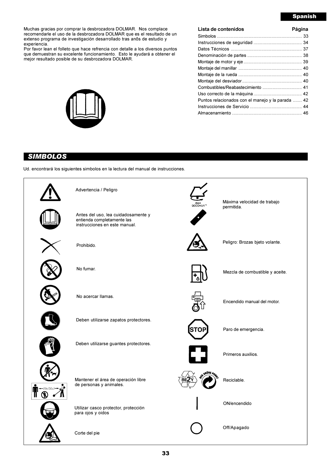 Dolmar PE-251 instruction manual Simbolos, Lista de contenidos Página 