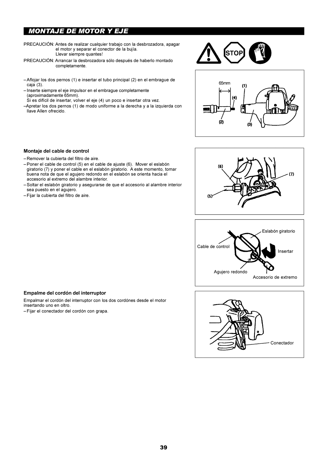 Dolmar PE-251 instruction manual Montaje DE Motor Y EJE, Montaje del cable de control, Empalme del cordón del interruptor 