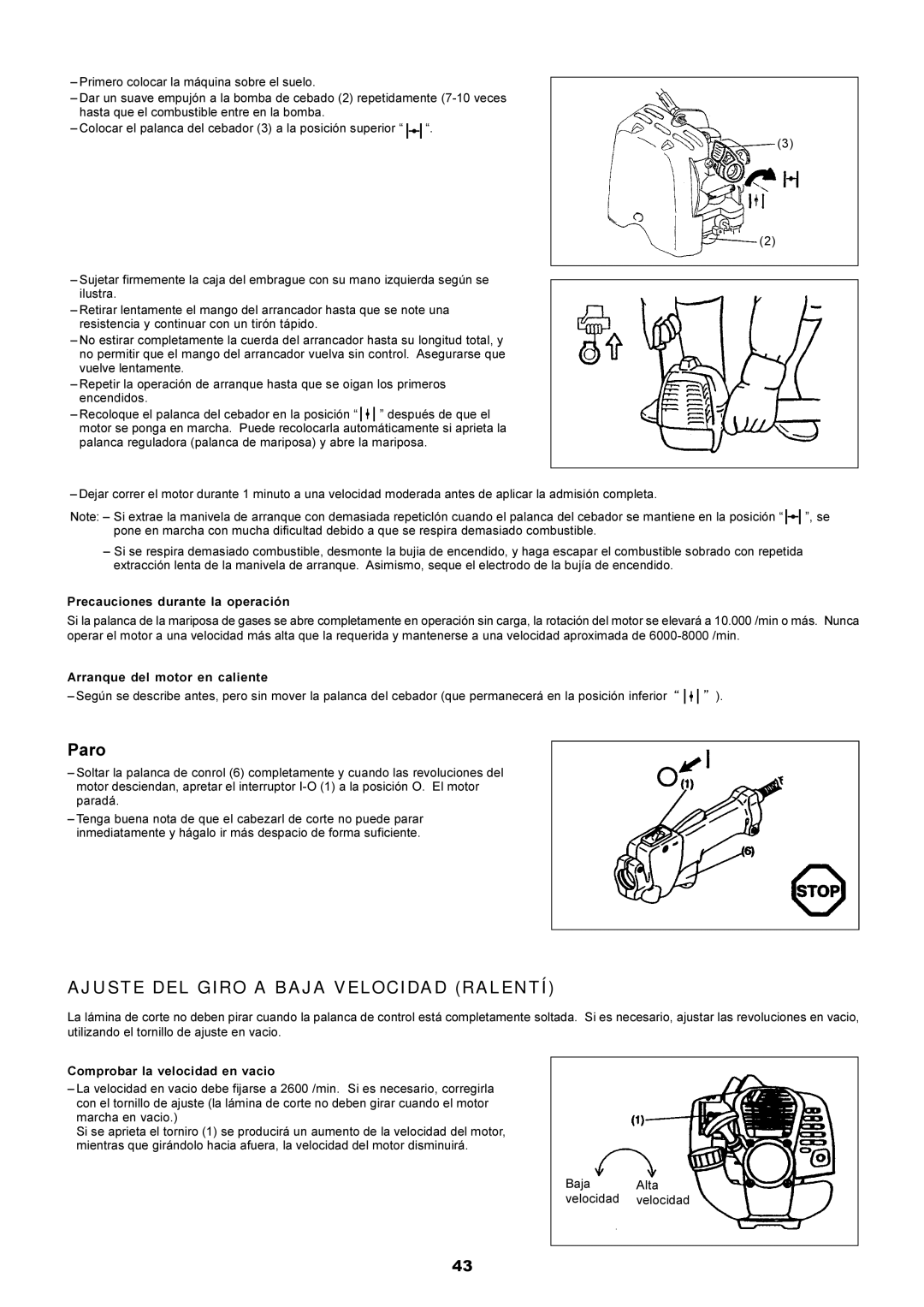 Dolmar PE-251 instruction manual Paro, Ajuste DEL Giro a Baja Velocidad Ralentí 