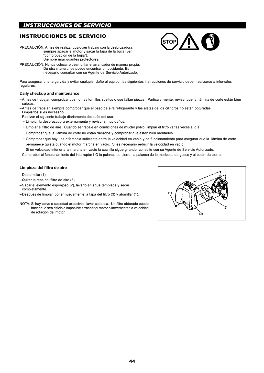 Dolmar PE-251 instruction manual Instrucciones DE Servicio, Limpieza del filtro de aire 