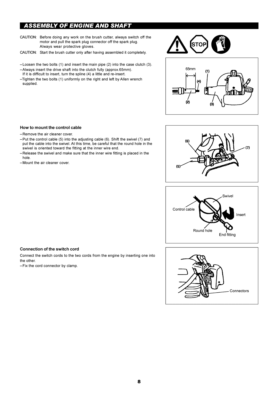 Dolmar PE-251 Assembly of Engine and Shaft, How to mount the control cable, Connection of the switch cord 