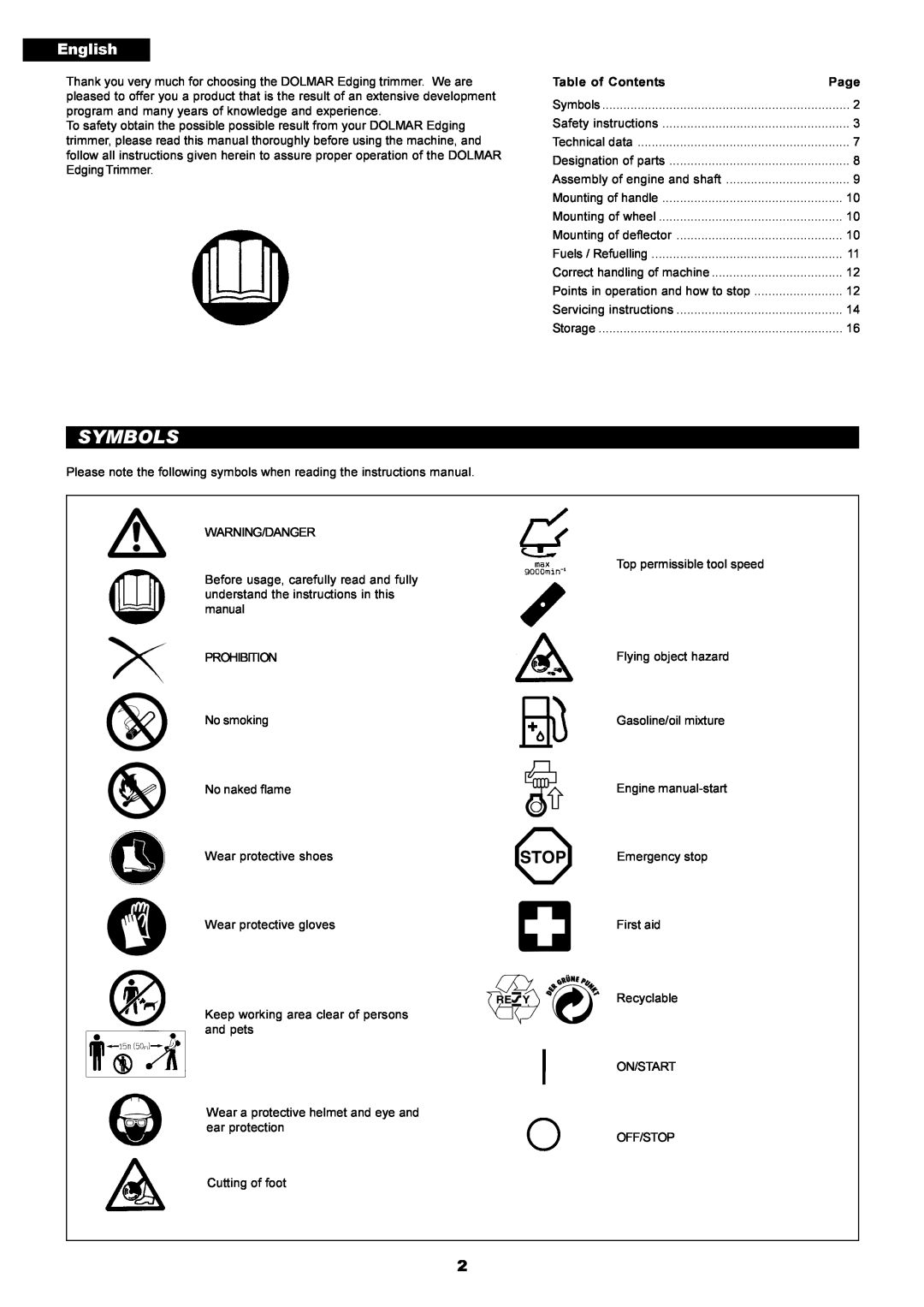 Dolmar PE-251 instruction manual Symbols, English 