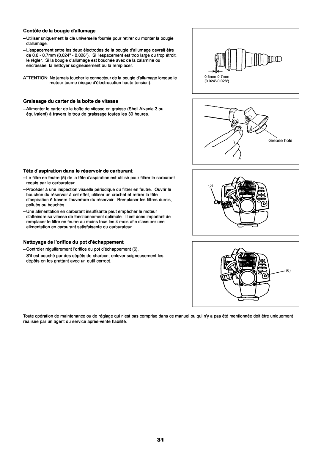 Dolmar PE-251 instruction manual Contôle de la bougie dallumage, Graissage du carter de la boîte de vitesse 