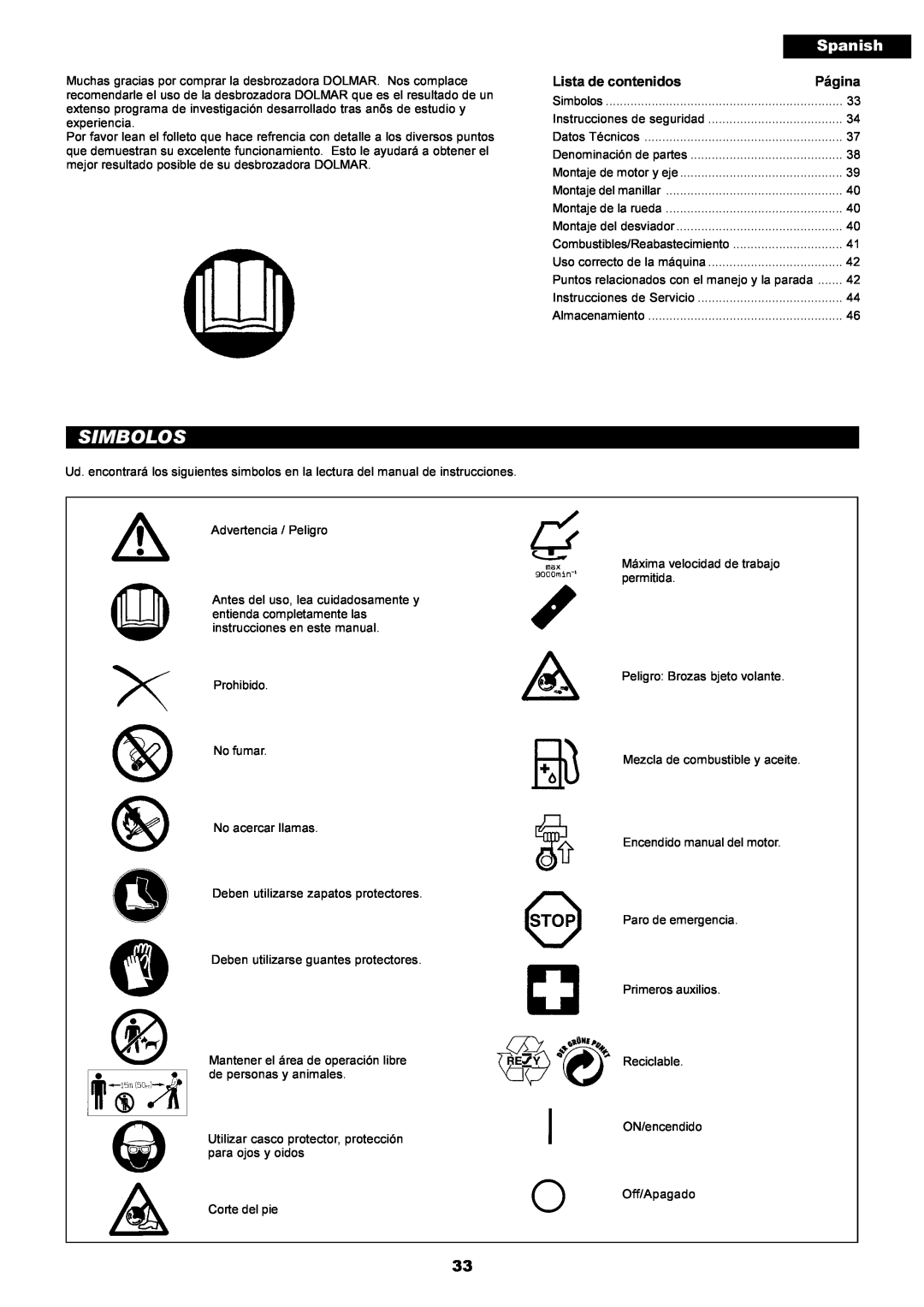 Dolmar PE-251 instruction manual Simbolos, Spanish, Lista de contenidos, Página 