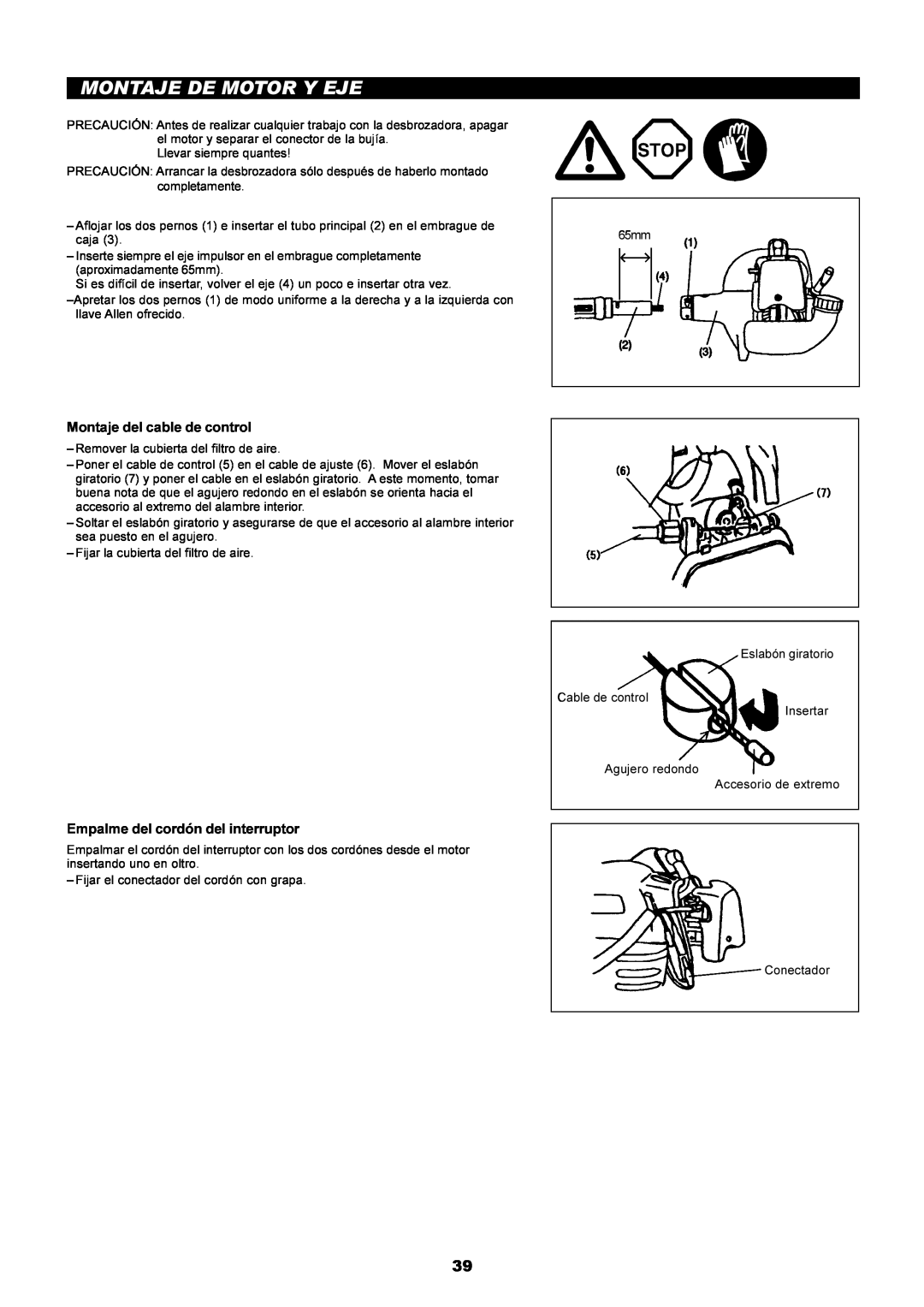 Dolmar PE-251 instruction manual Montaje De Motor Y Eje, Montaje del cable de control, Empalme del cordón del interruptor 