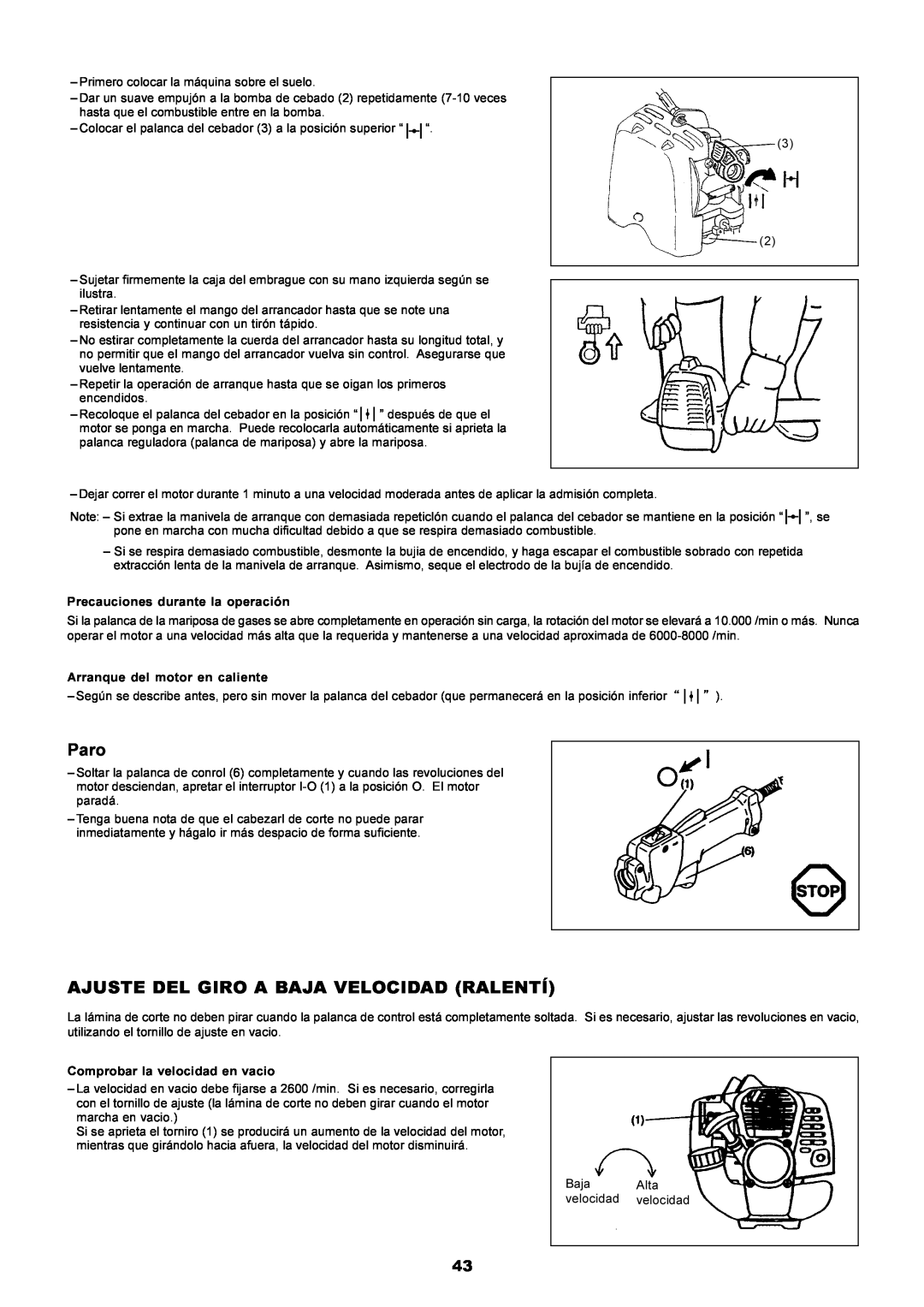 Dolmar PE-251 instruction manual Paro, Ajuste Del Giro A Baja Velocidad Ralentí 
