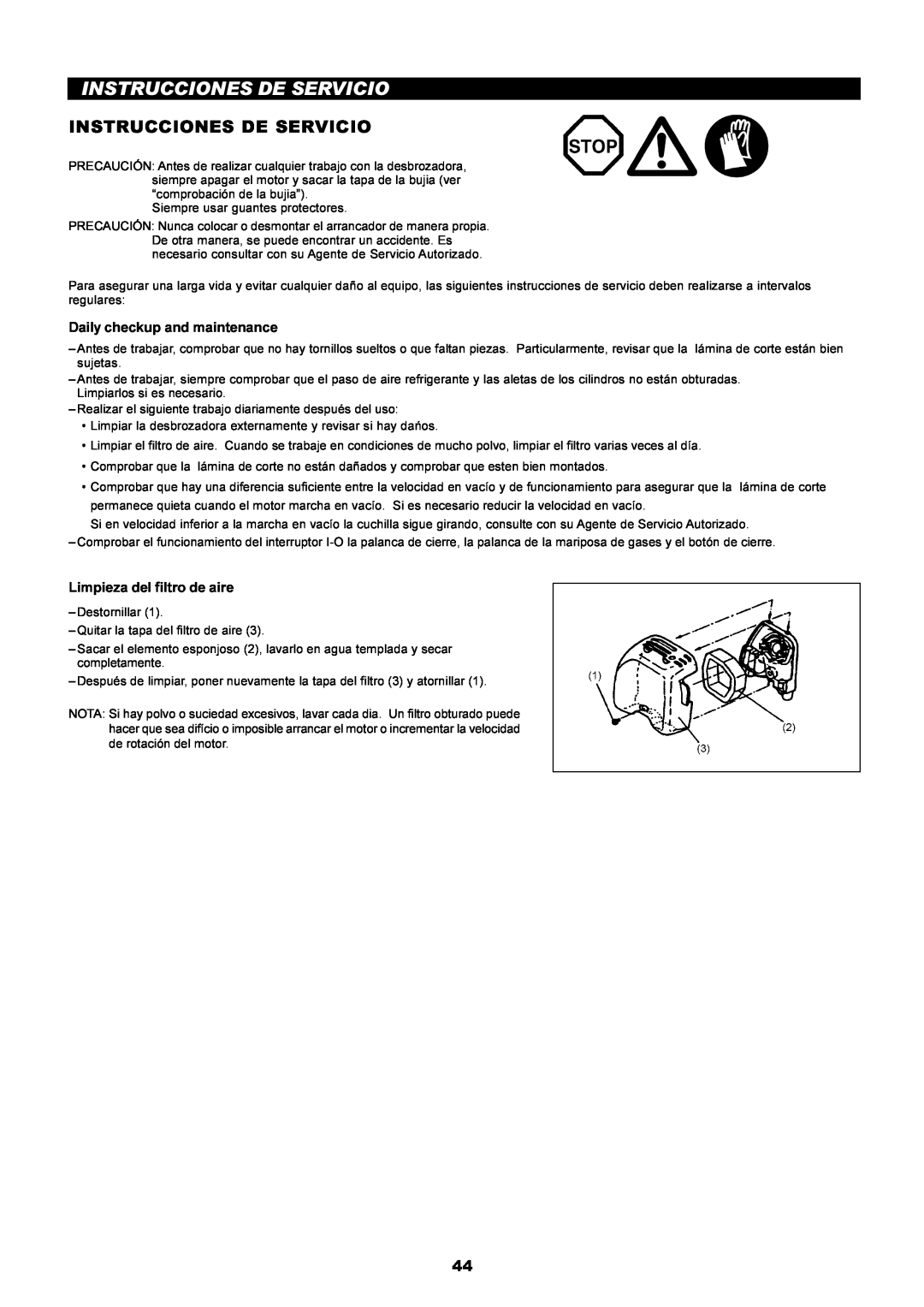 Dolmar PE-251 instruction manual Instrucciones De Servicio, Daily checkup and maintenance, Limpieza del filtro de aire 