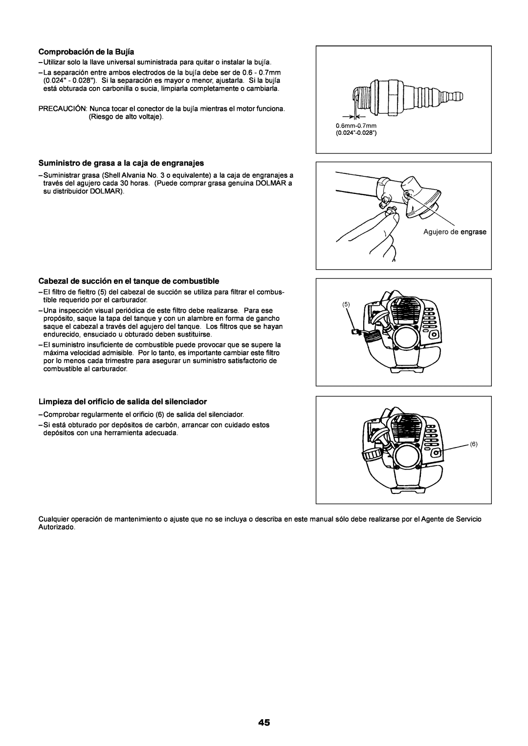 Dolmar PE-251 instruction manual Comprobación de la Bujía, Suministro de grasa a la caja de engranajes 