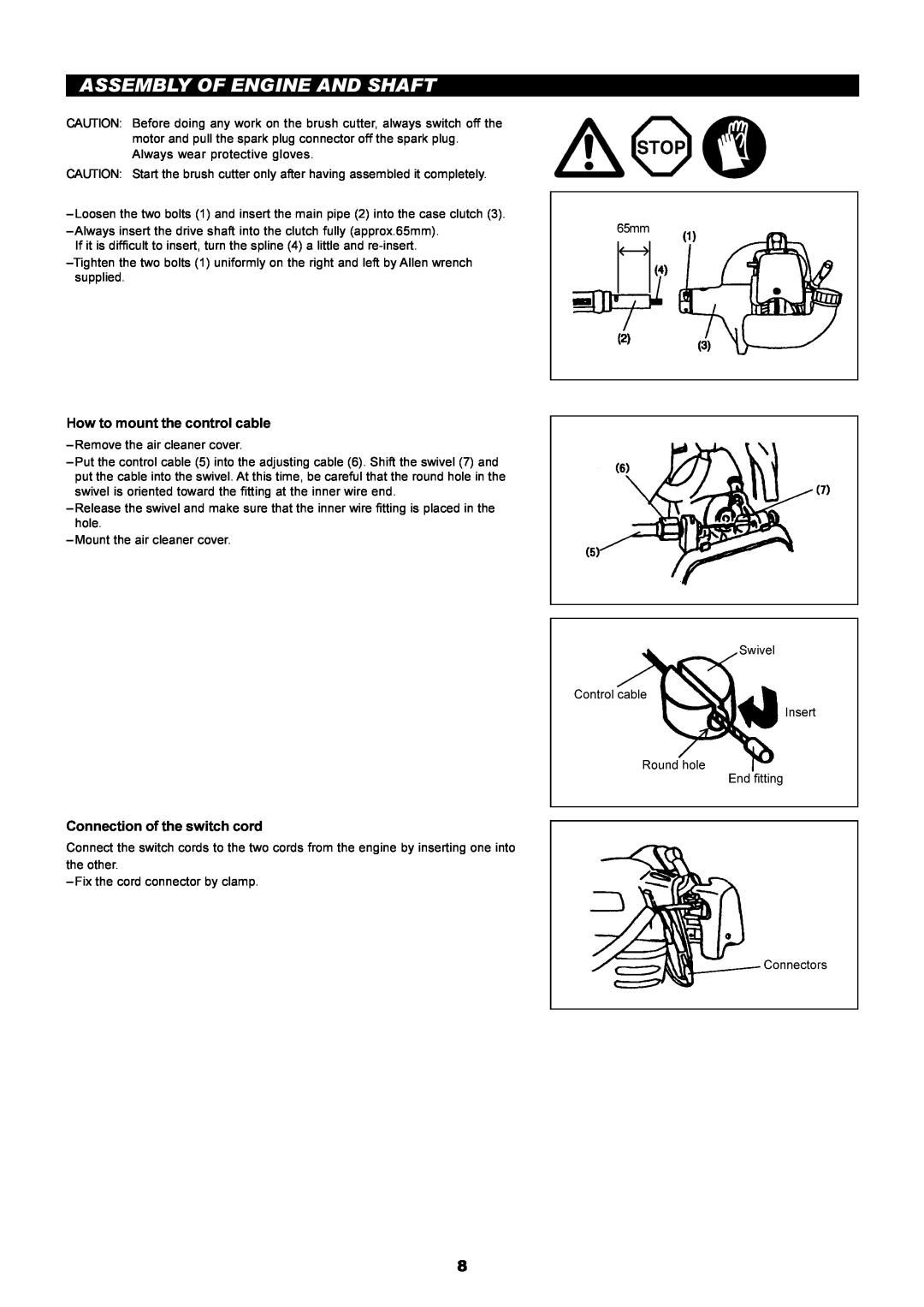 Dolmar PE-251 Assembly Of Engine And Shaft, How to mount the control cable, Connection of the switch cord 