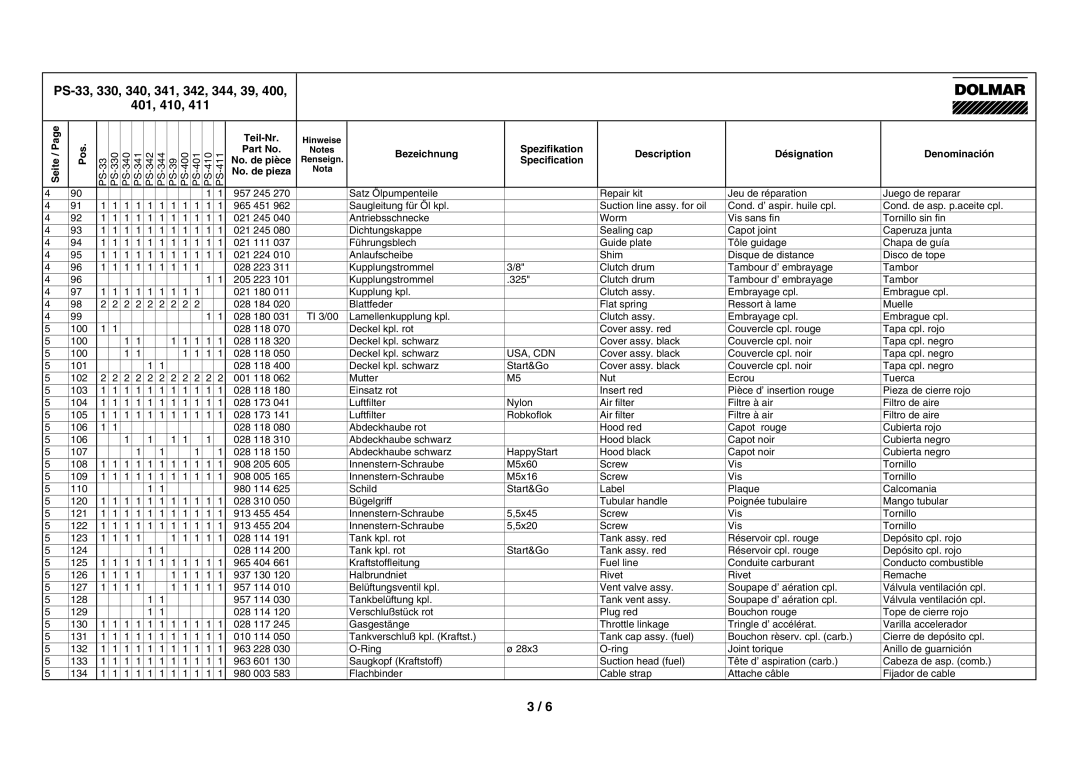 Dolmar PS-39, PS-330, PS-410, PS-344, PS-342, PS-411, PS-341 manual Usa, Cdn 