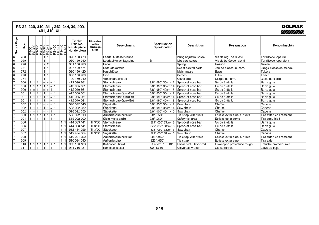 Dolmar PS-330, PS-410, PS-344, PS-342, PS-39, PS-411, PS-341 manual Feder Spring Ressort Muelle 271 