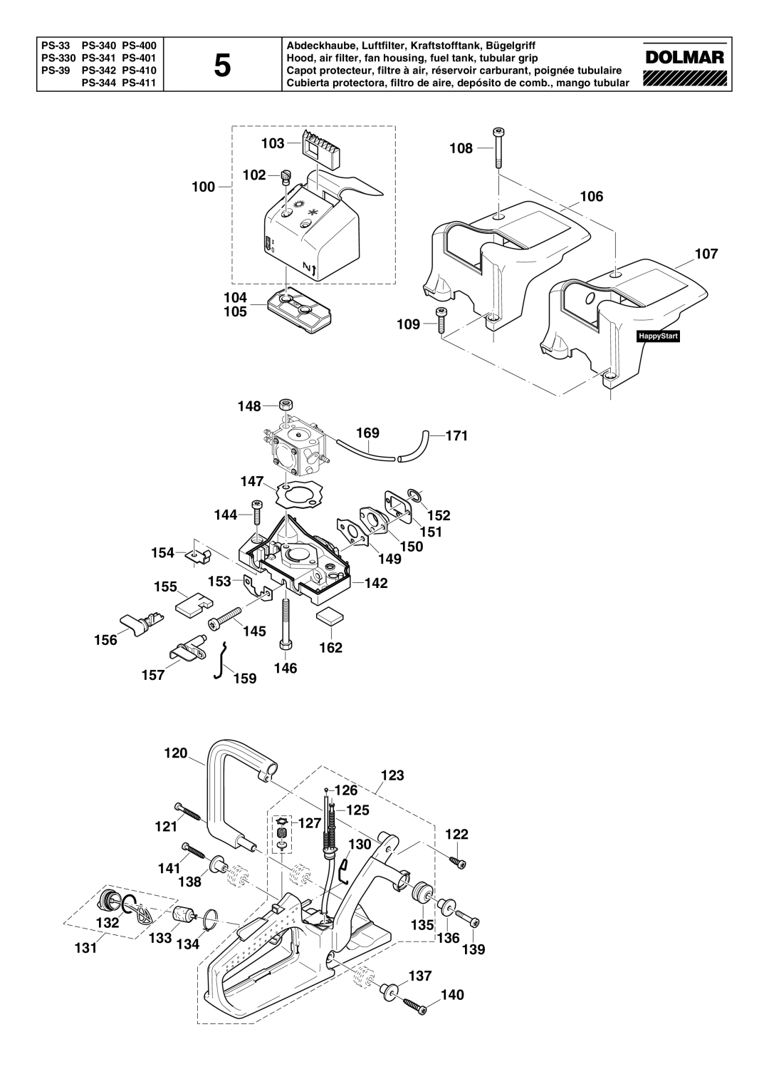 Dolmar PS-411, PS-330, PS-410, PS-344, PS-342, PS-39, PS-341 manual 103 108 102 100 106 104 105 109 148 169171 107 