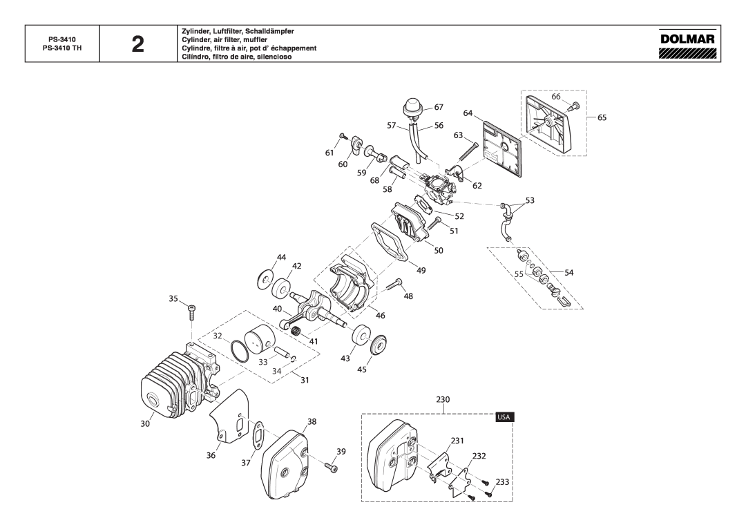 Dolmar PS-3410 TH manual Zylinder, Luftfilter, Schalldämpfer Cylinder, air filter, muffler 