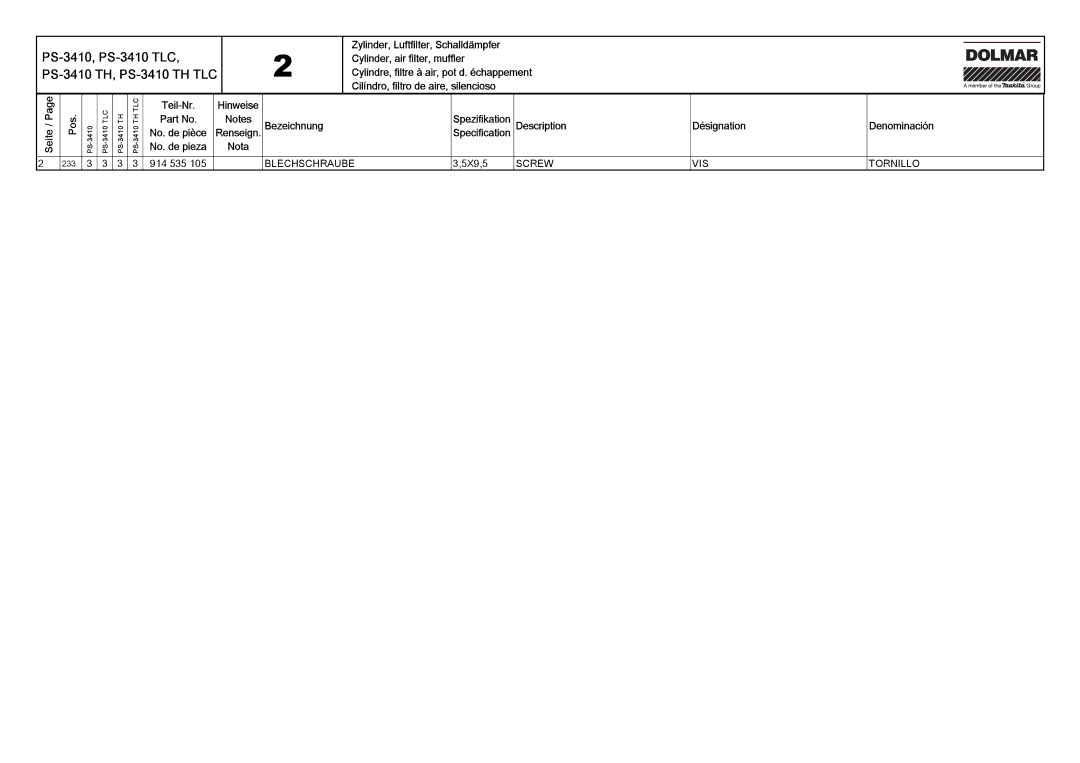 Dolmar PS-3410 TLC manual Screw VIS 