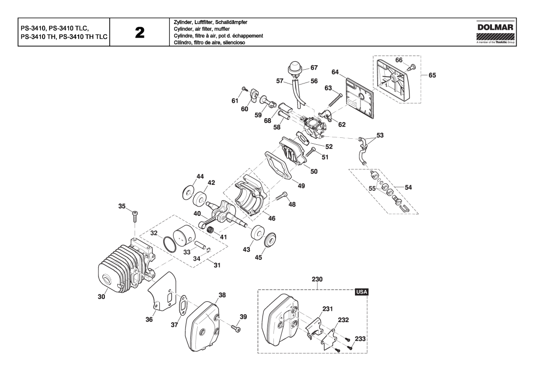 Dolmar PS-3410 TLC manual Zylinder, Luftfilter, Schalldämpfer, Cylinder, air filter, muffler 
