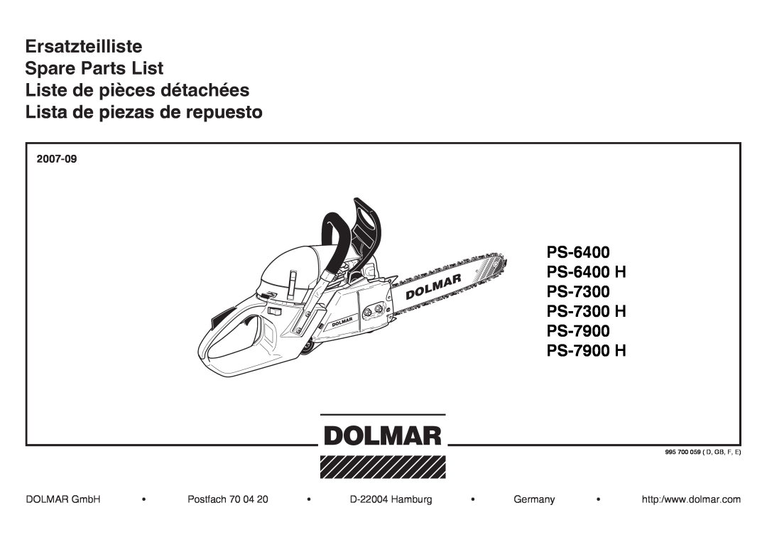 Dolmar PS-7300 manual 2007-09, Ersatzteilliste Spare Parts List Liste de pièces détachées, Lista de piezas de repuesto 