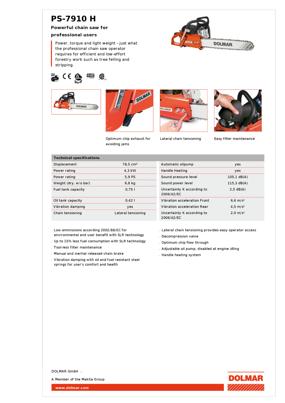 Dolmar PS-7910 H technical specifications Powerful chain saw for professional users, Technical specifications 