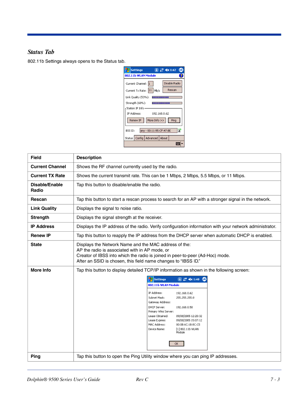 Dolphin Peripherals 9500 manual Status Tab 