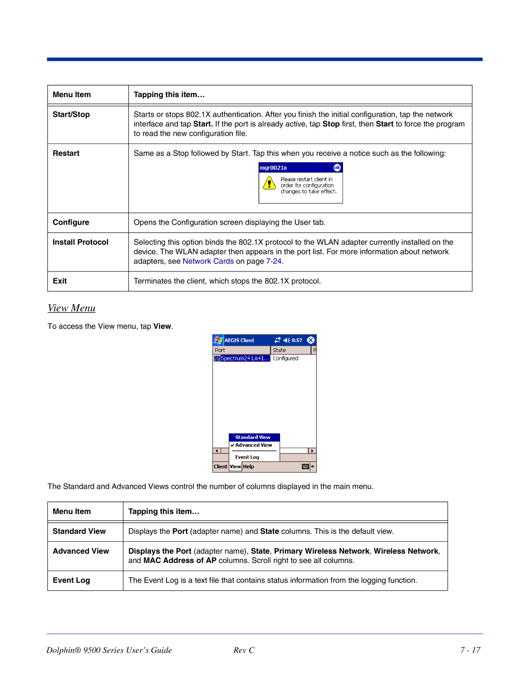 Dolphin Peripherals 9500 manual View Menu, Install Protocol, Exit 