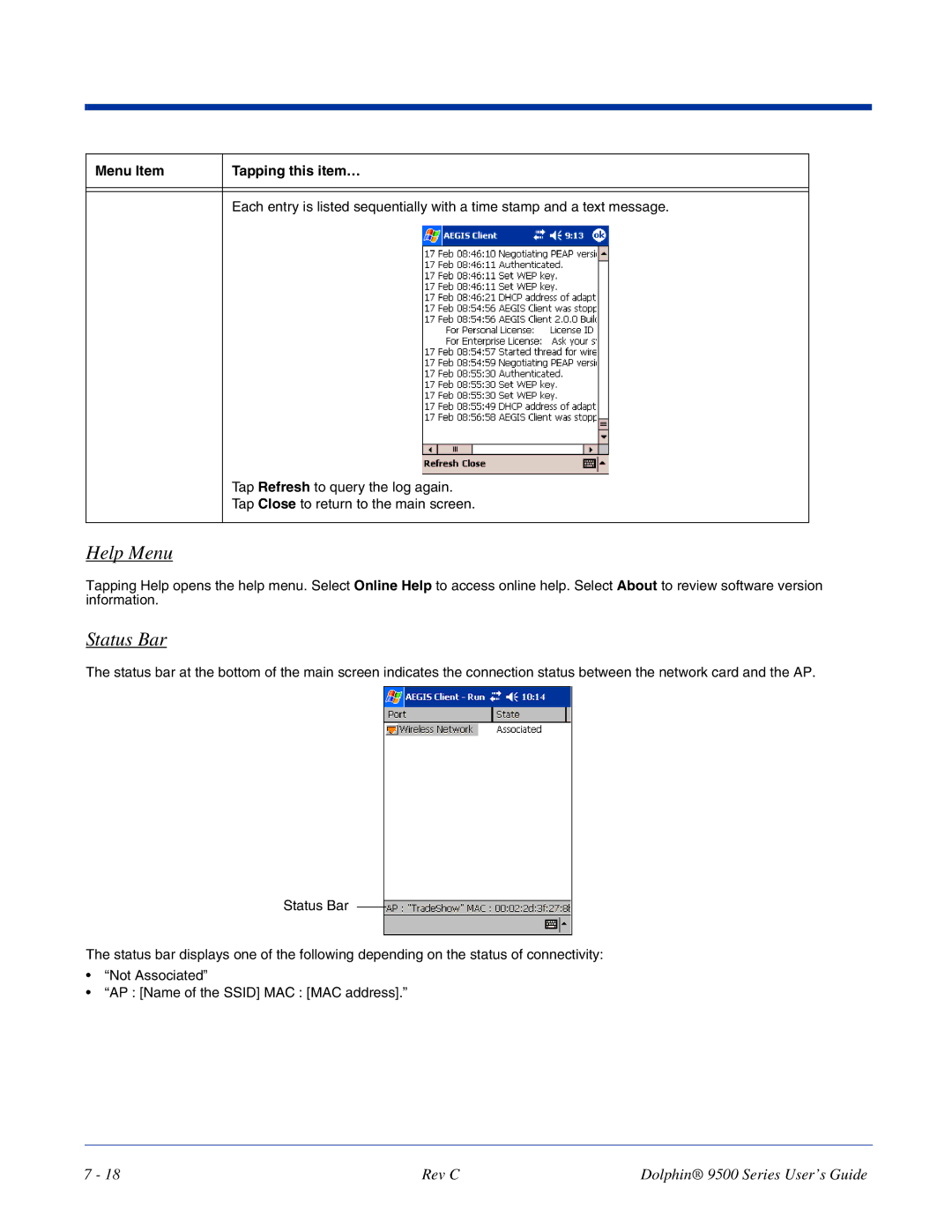 Dolphin Peripherals 9500 manual Help Menu, Status Bar, Menu Item Tapping this item… 